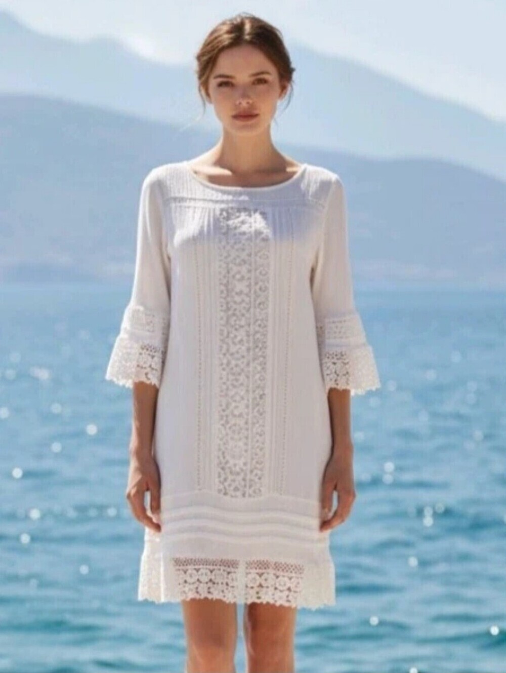 Sanctuary Desert Boheme Lace Trim Shift Dress in White - 3/4 Bell Sleeves